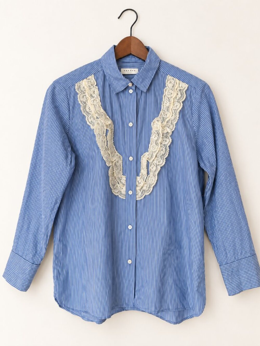 Sandro Blue Striped Lace Ruffle Button Down Shirt Size 1